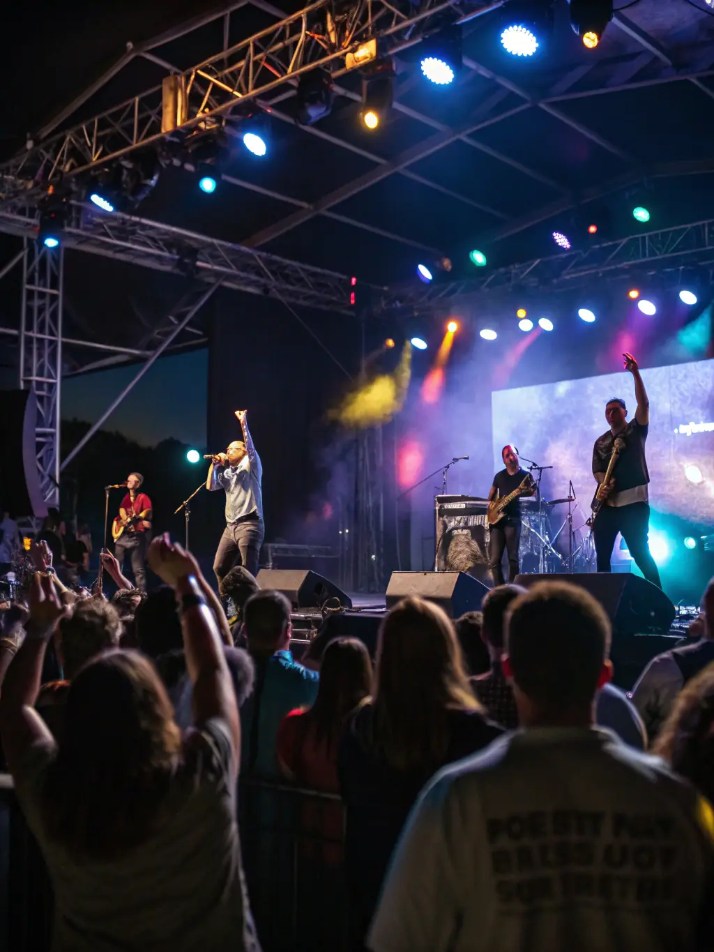A photograph capturing the energy of a live music event organized by BASICS ASSOCIATION, featuring diverse musicians and an enthusiastic audience.