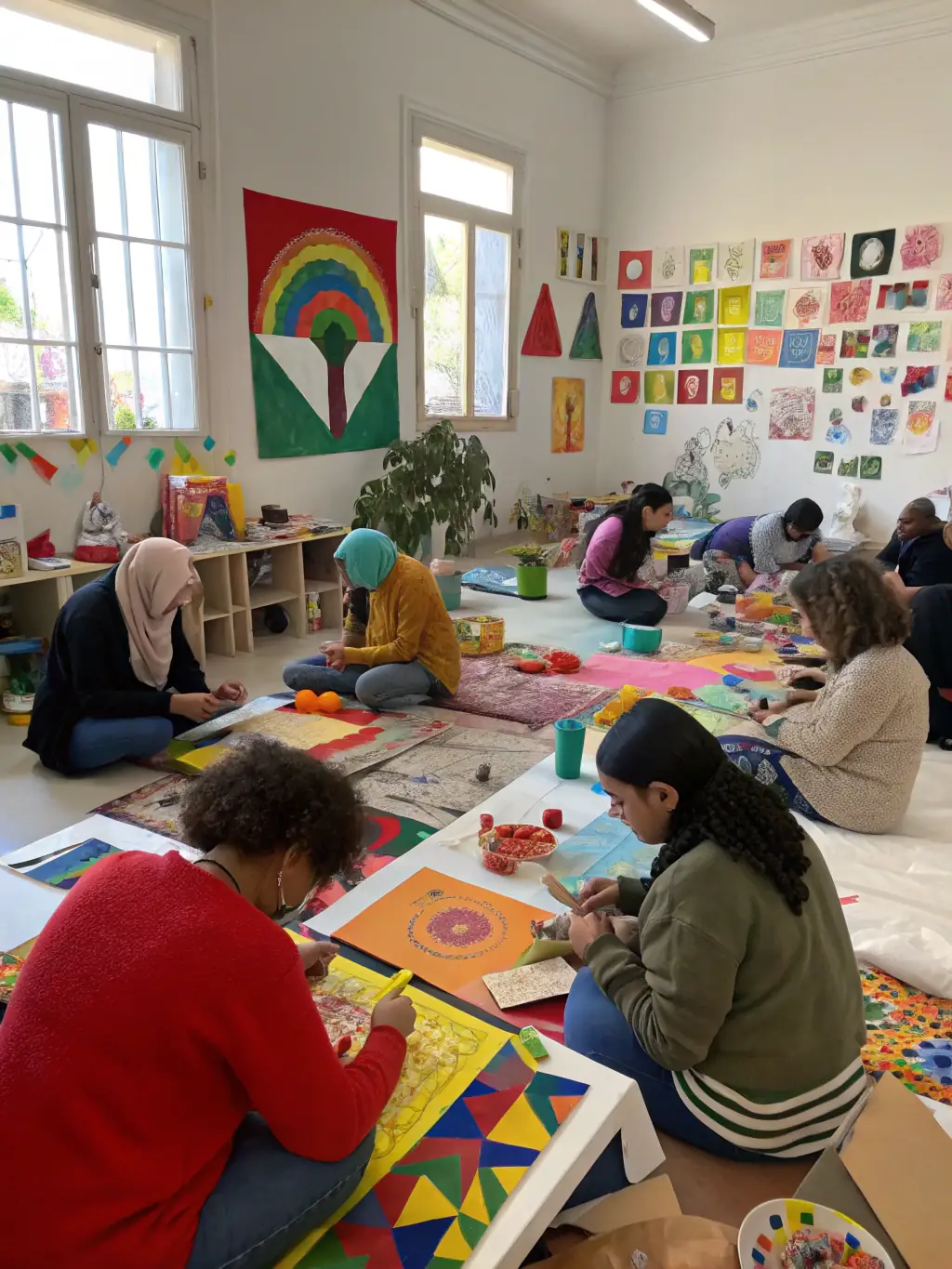 An image depicting an artistic workshop in progress, with participants of different ages and backgrounds working on various art projects. The scene should be filled with creativity and collaboration.