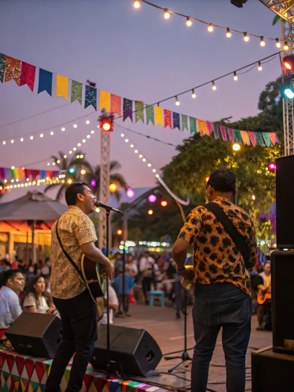 A vibrant photograph capturing a music event organized by BASICS, featuring diverse participants enjoying a live performance. The image should convey a sense of community and cultural celebration.