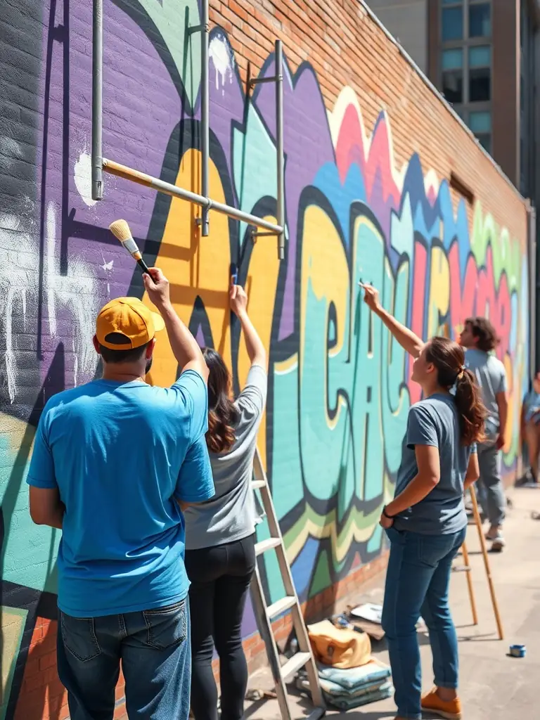 A photograph showcasing a collaborative project involving community members working together on a mural or public art installation. The image should emphasize teamwork and community spirit.