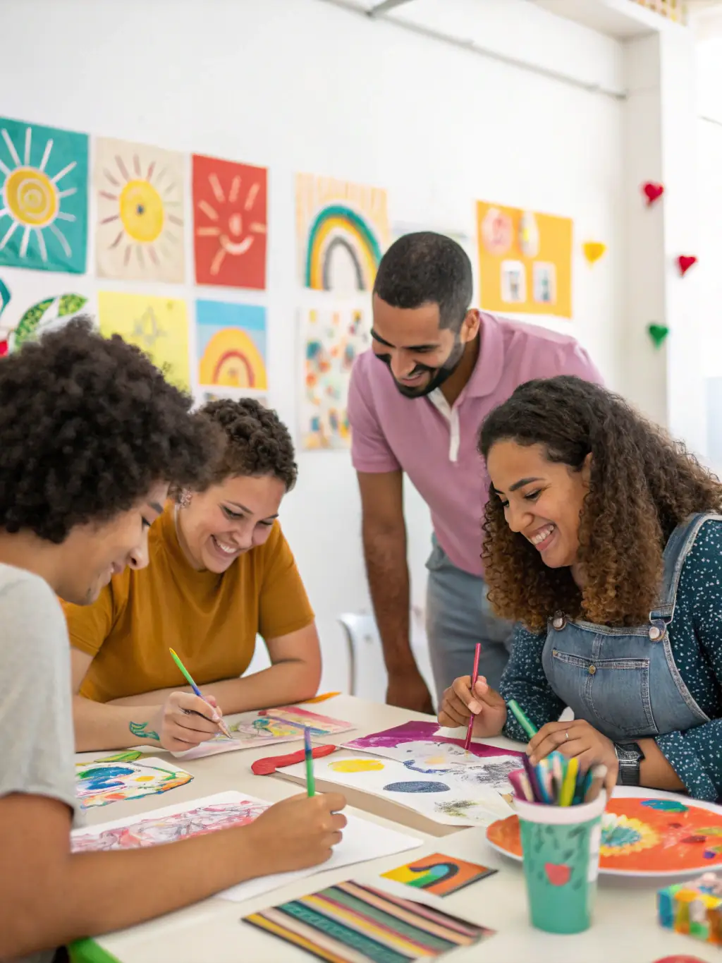 A vibrant image depicting participants engaged in a collaborative art workshop, showcasing creativity and community interaction at a BASICS ASSOCIATION event.